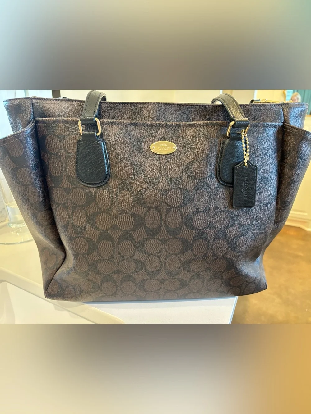 Coach Large Multi-Pocket Tote | Brown Signature Coated Canvas | Gold Hardware